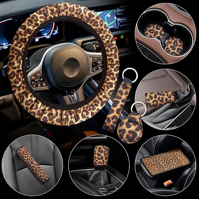 10 Pieces Leopard Print Printing Car Steering Wheel Cover Center Console Armrest Pad Headrest Seat Belt Cover Handbrake Cover Keychain Coaster Full Set Car SUV(Brown)