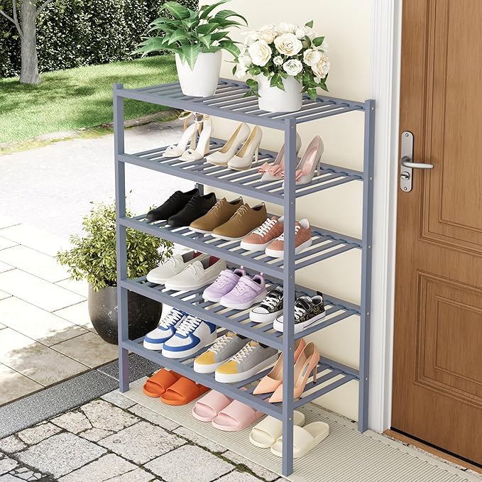 Smiry Shoe Rack, 5 Tier Thick Bamboo Shoe Organizer, Stackable Free Standing Wooden Shoe Storage Shelf for Closet, Entryway, 