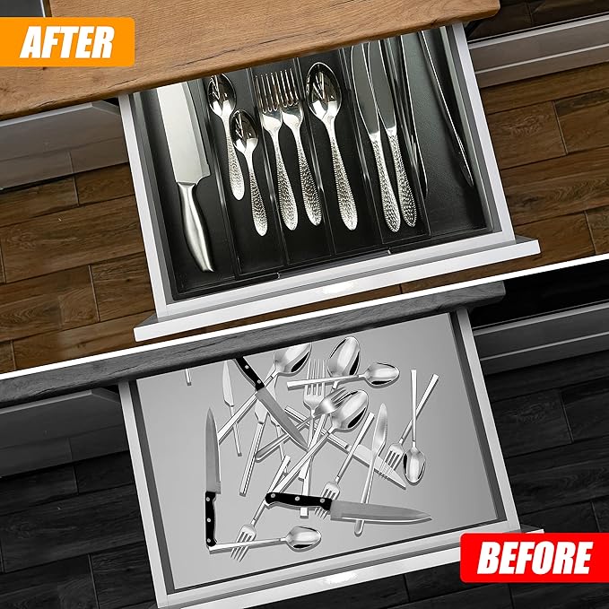 Bellsal Black Silverware Organizer Kitchen Drawer Organizer Expandable Bamboo Utensil Holder Cutlery Tray for Kitchen Utensil