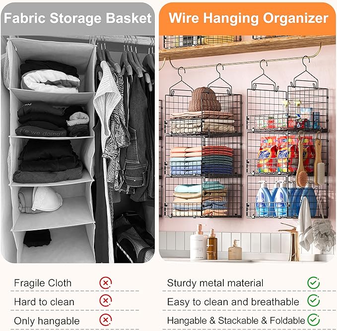 Sonyabecca 3-Tier Hanging Closet Organizer, Foldable Cabinet Wire Storage Basket Bins with 5 S Hooks, Closet Shelves & Hangin
