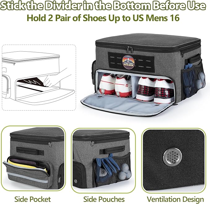 Golf Trunk Organizer Storage with Separate Compartment for 2 Pair Shoes Up to US Mens 16, Golf Car Locker Organizer for