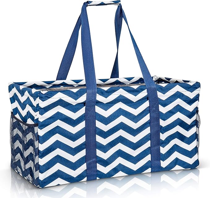 Extra Large Utility Tote Bag, Oversized Collapsible Reusable Wire Frame Rectangular Canvas Basket With Two Exterior Pockets For Beach, Pool, Laundry, Car Trunk, Storage - Chevron Navy