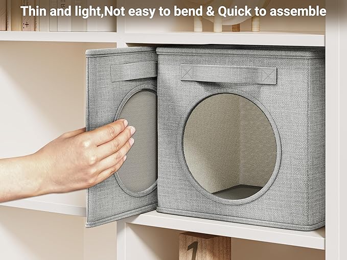 Vailando Ultra Thick Fabric Foldable Storage Bins with Mesh Window - 13 Inch Cube Storage Organizer for Clothes, Shelves, Off