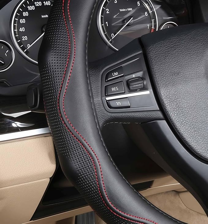 Leather Steering Wheel Cover 15 Inch – Real Leather with Silicone Lining, Non-Slip Universal Fit for Cars, SUVs & Trucks (Measure Before Purchase)