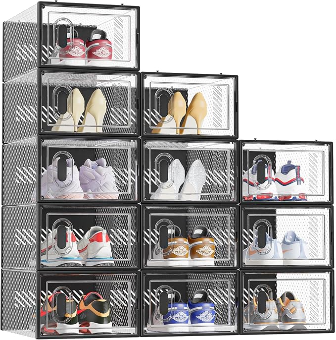 SIMPDIY Shoe Storage, 12 Pack Shoe Organizer for Closet, Shoe Boxes Clear Plastic Stackable Shoe Containers with Lids for Siz