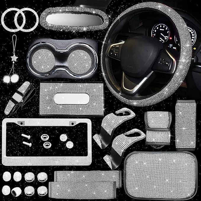 25PCS Bling Car Car Accessories Set,15 Inch Steering Wheel Cover,Shiny License Plate Frame,Center Console Cover and Rearview Mirror Set and Other Car Accessories(White)