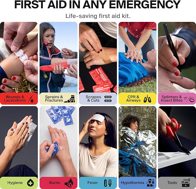 Large Waterproof First Aid Kit for Car, Travel & Home - Emergency Kit for Hiking, Camping, Backpacking and Outdoors - Include