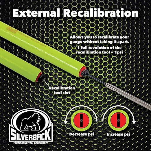 Silverback Hi-Visibility Green Dual Foot Commercial Truck Tire Pressure Gauge, Recalibratable. Heavy Duty Stick Gauge with Black Metal Bar, Range 10-150 PSI in 2 PSI Increments.
