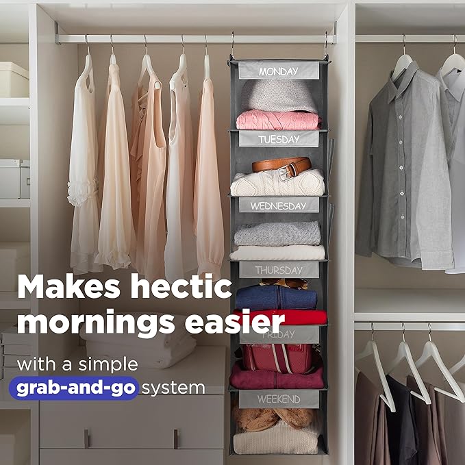 Handy Laundry Hanging Clothes Organizer for Kids - 6-Shelf Closet Daily Clothing Organization Labeled Shelves with Days of Th
