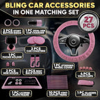 Pink Car Accessories Set, 27 Pieces – Bling Car Accessories for Interior Styling with Rhinestone Details for Daily Use, Universal Fit Kit for Steering Wheel, Vents, Mirror Area, Great Gift for Women