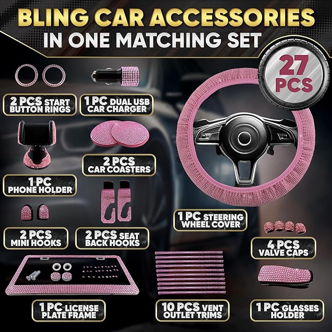 Pink Car Accessories Set, 27 Pieces – Bling Car Accessories for Interior Styling with Rhinestone Details for Daily Use, Universal Fit Kit for Steering Wheel, Vents, Mirror Area, Great Gift for Women