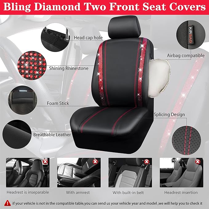 CAR PASS Rhinestone Red Bling Diamond Car Seat Covers Leather Black & Shining Car Floor mats Carpet with Anti-Slip Nibs& Blin