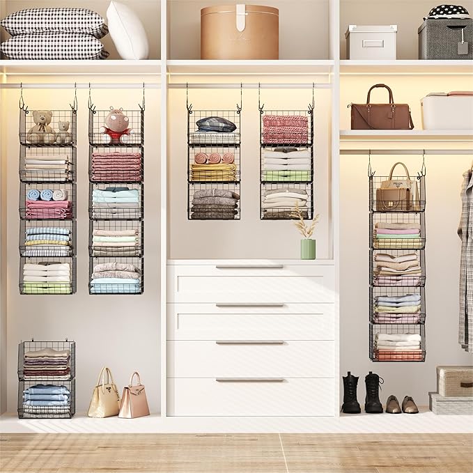 5 Tier Closet Hanging Organizer, Clothes Hanging Shelves with 4 Hanging Hooks 5 S Hooks, Wire Storage Basket Bins, for Clothi