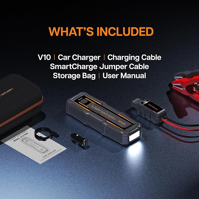 ReelCharge - Veratek V10 Pro 4000A Car Battery Jump Starter Portable (10.0L Gas & 8.0L Diesel) - 12V Lithium Battery Booster