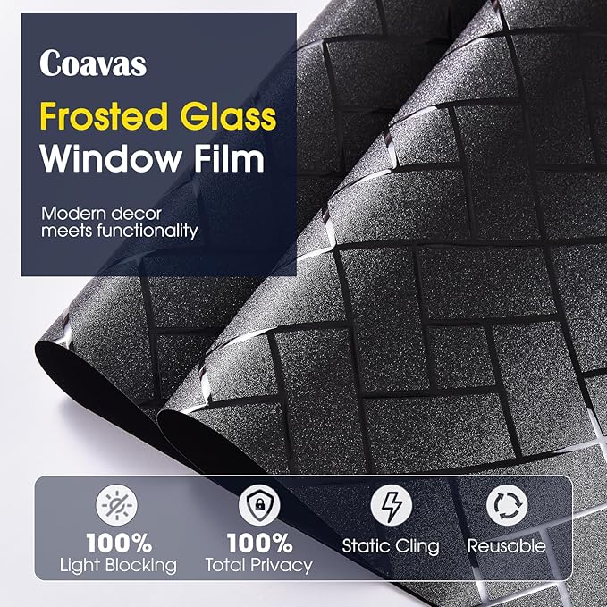 Coavas Total Blackout Window Privacy Film 100% Light Blocking & UV Protection, Static Cling Frosted Privacy Cover No Glue Heat Control Room Darkening Shade for Bedroom, Nursery,17.5 x 78.7 inches