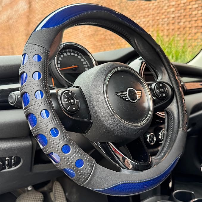 PINCTROT Large Size Race Grip Steering Wheel Cover, Anti Slip Silicone Perforated Design with Soft Touch Padding, Enhanced Grip for Sporty Driving 15.5-15.75 Inch (Racing Blue)