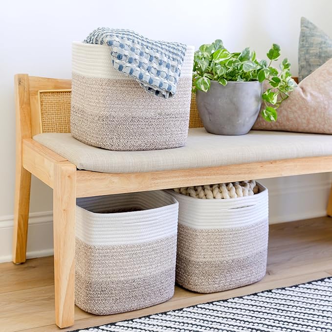 NaturalCozy Storage Cubes 11 Inch Cotton Rope Woven Baskets for Organizing, 3-Pack | Cube Storage Bin | Square Storage Basket