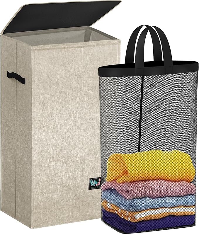 WTREE Laundry Hamper with Lid, Reinforced Sturdy Clothes Hamper with Anti-Puncture Base, Large Collapsible Laundry Basket wit