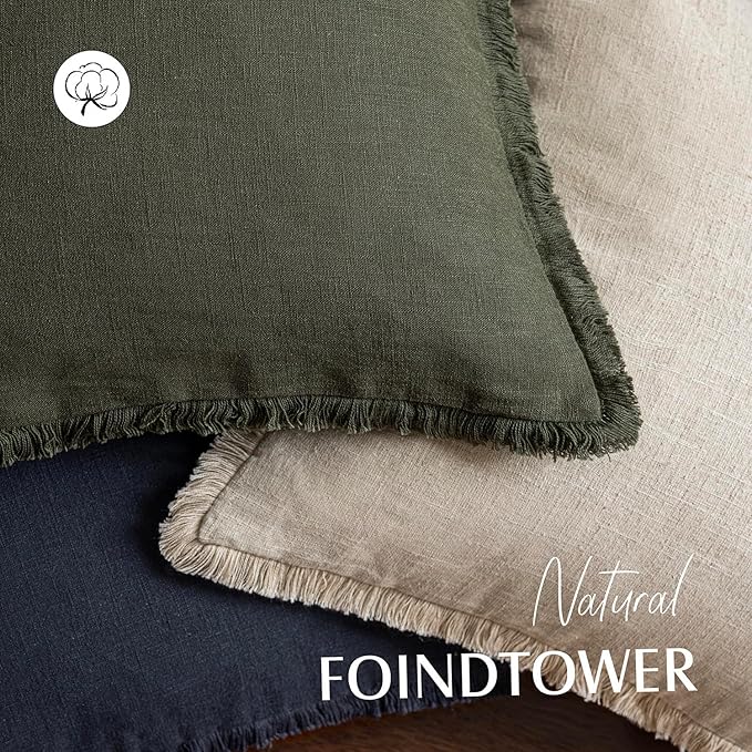 Foindtower Set of 2 Decorative Linen Fringe Throw Pillow Covers Cozy Farmhouse Cushion Cover with Tassels Accent Pillowcase f