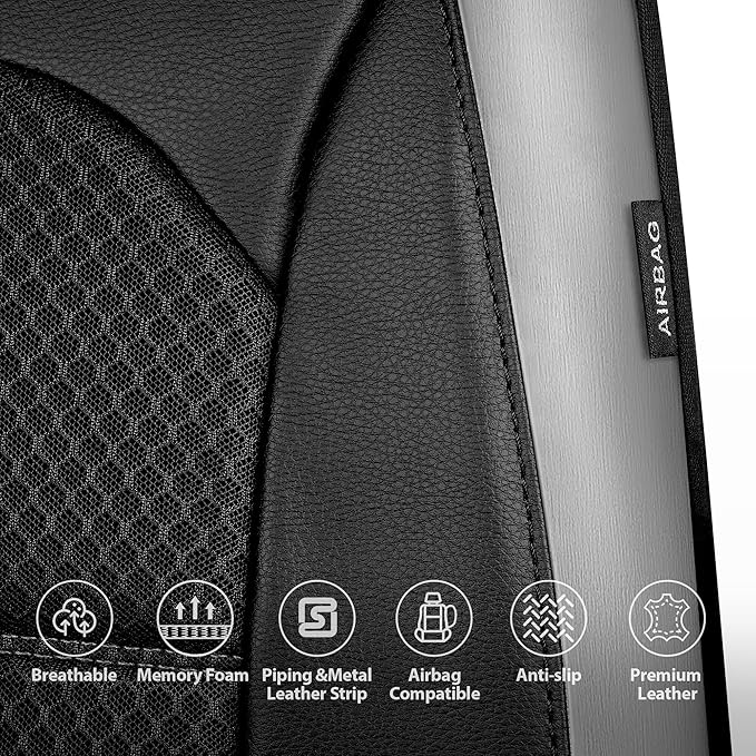 CAR PASS Memory Foam Car Seat Covers,Air Cool Mesh Thick Seat Covers Front Seats,Gray Metal Film Leather Seat Cover for Car,U