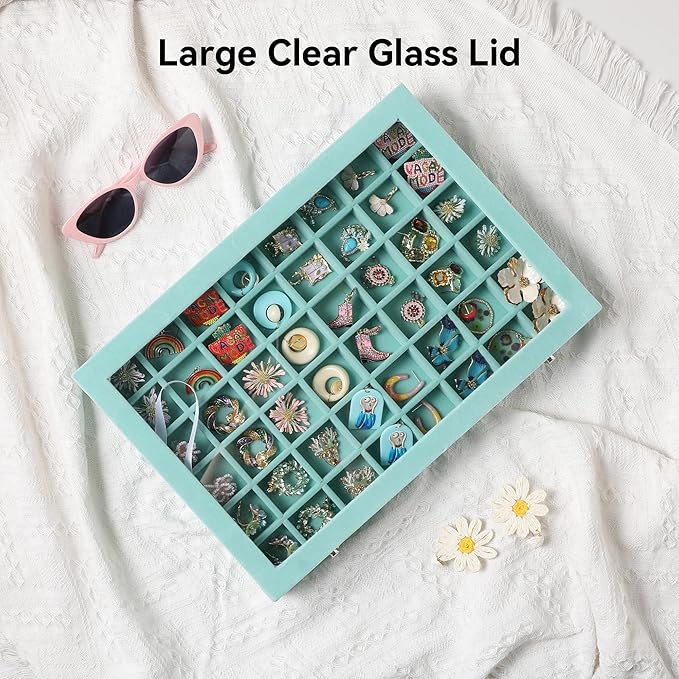 Frebeauty 48 Grid Jewelry Tray,Adjustable Earring Holder Organizer with Glass Lid,Velvet Drawer Jewelry Organizer for Rings,S
