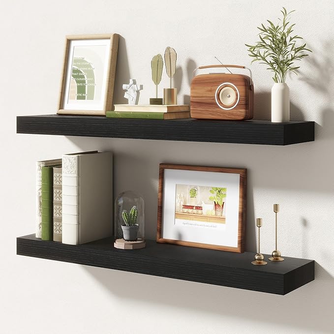 30 Inch Floating Shelves | 6.5 Inch Deep Black Floating Shelves Set of 2 | 30" W x 6.5" D Rustic Black Wood Wall Shelves with