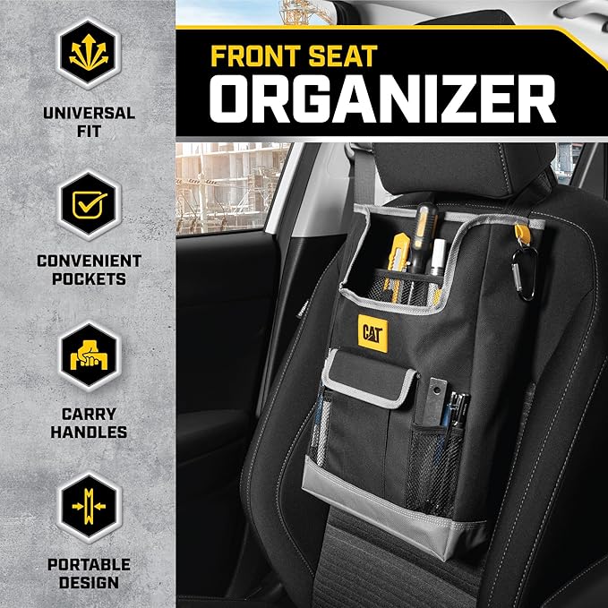 CAT® Car Seat Organizer for Cars Trucks SUVs, Removable Portable On-The-Go, Securely Attaches to Front or Rear Seats, Adjustable Straps, Car Accessories Compact Caddy for Travel Driving - Black