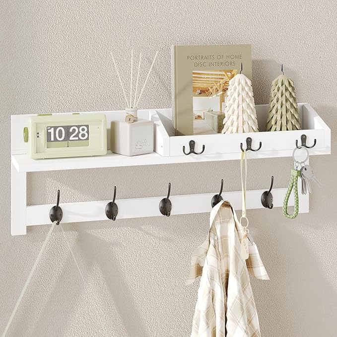 AMBIRD Wall Hooks with Shelf, 26.57 Inch Entryway Wood Coat Hooks for Wall, Coat Rack Wall Mount with 5 Dual Hooks 3 Key Hook