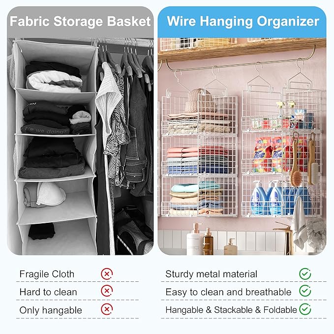Sonyabecca 3-Tier Hanging Closet Organizer with 5 S Hooks, Closet Shelves for Clothes, Shoes, Handbags, Accessories, Hanging 