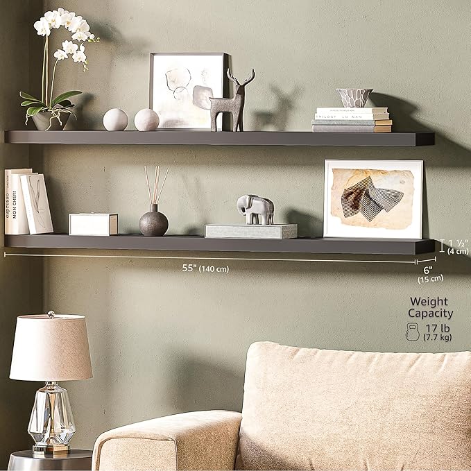 Ballucci Floating Shelves for Wall, 55 inch 2-Tier Black Shelf, Invisible Brackets, Wood Wall Shelf for Living Room, Bedroom,