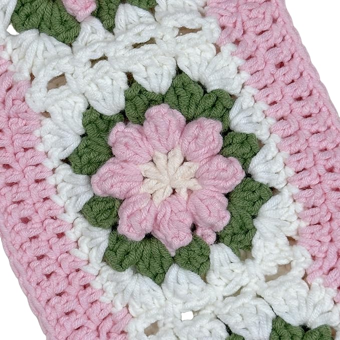 Handmade Crochet Pink and Green Cute Flower Steering Wheel Covers Universal 14-15 inch for Women and Men,New Car Gift,Handmade Gift,Gift for her (Steer Wheel Cover+2 Belt Cover+2 Coaster)