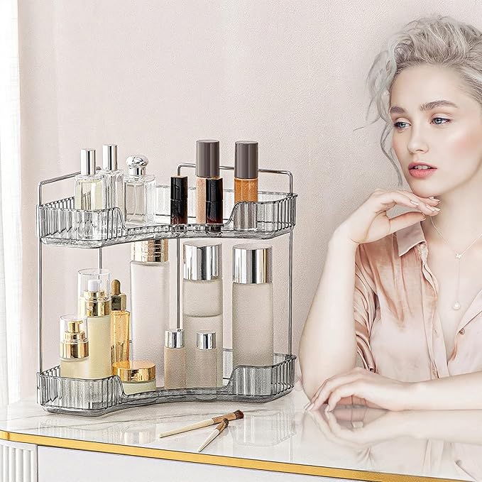 INVSSENE Corner Bathroom Countertop Organizer, 2 Tiers Vanity Trays for Counter, Makeup Organizers, Perfume Tray, Kitchen Spi