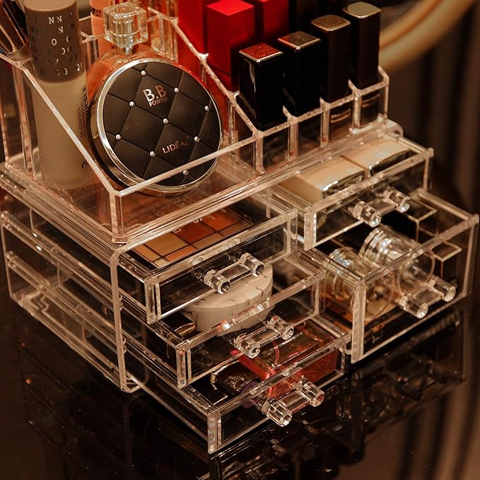 Cq acrylic 2 Pack Clear Makeup Storage Organizer,Stackable 5 Drawers Make up Organizers,Cute Desk Organizer for Vanity Jewelr