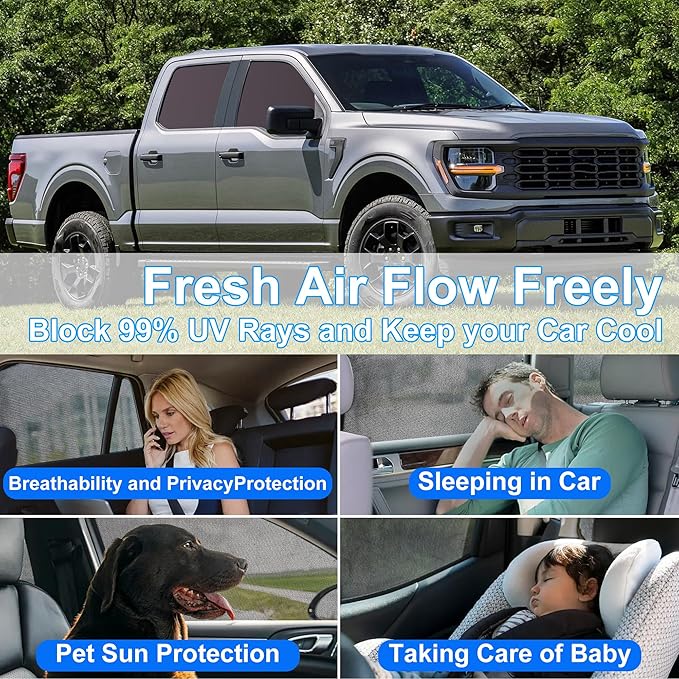 Front Side Half Window Shade Foldable Custom Fit for 2016-2024 Ford F150 Car Window Shades for Side Window Sun Shade UV Protection Heat Insulation for Camping Sleeping 4PCS
