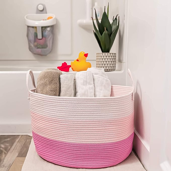 OrganiHaus Large Woven Storage Basket for Blankets and Toys 20" x 13" Inch, Rope Laundry Basket with Handles, Cushions & Pill