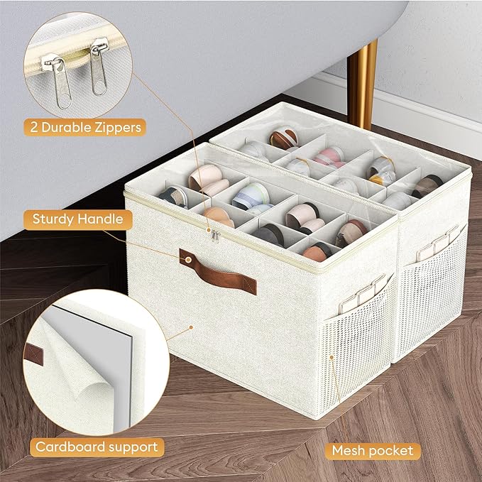 Budding Joy 2 Pack Shoe Organizer for Closet, Clear Foldable Shoe Storage Containers Adjustable Dividers Fits 16 Pairs,Shoe S