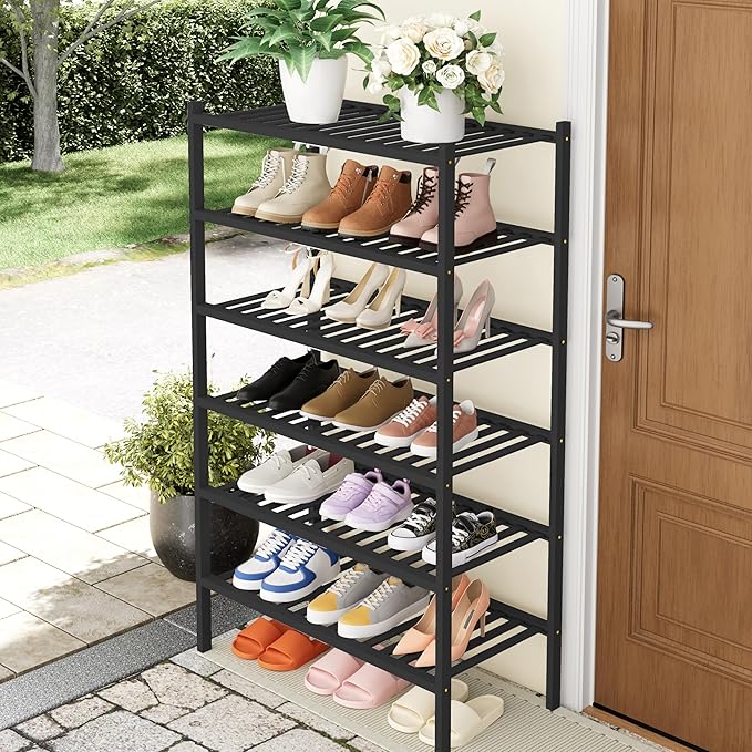 Smiry Shoe Rack, 6 Tier Thick Bamboo Shoe Organizer, Stackable Free Standing Wooden Shoe Storage Shelf for Closet, Entryway, 