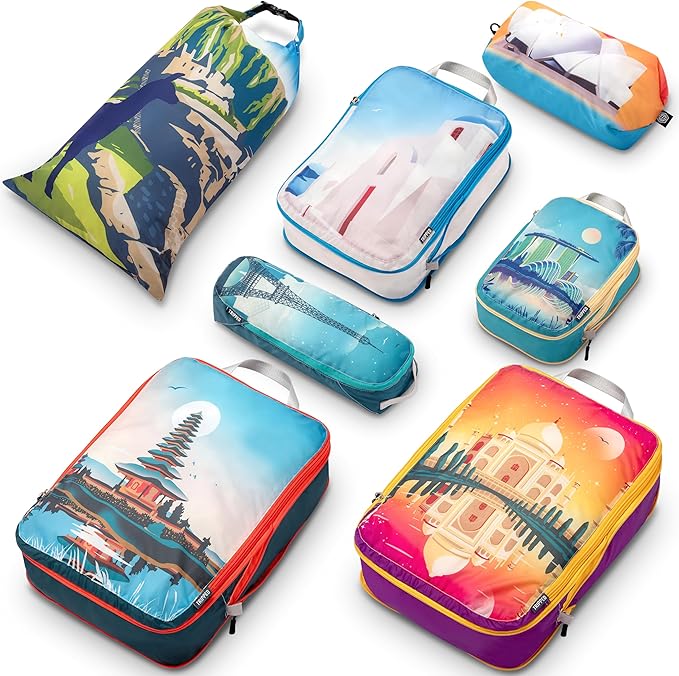 TRIPPED XL Compression Packing Cubes — 7-Piece Set for Checked Luggage | Extra-Large (15.7"×11"×4") + Large + Small + Tube + 