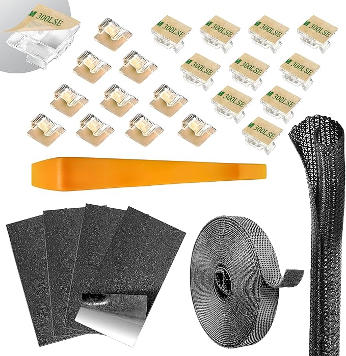 Dash Cam Installation Kit – Trim Removal Tool, 20 Strong Adhesive Cable Clips, Reusable Cable Ties, Split Sleeve & Foam Pads – Clean Car Wire Organizer