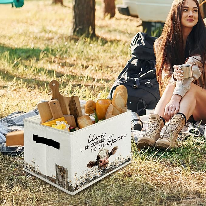 Rustic Cow Storage Bins & Boxes with Handles, Farmhouse Cow Foldable Basket for Organizing, Live Like Someone Left the Gate O