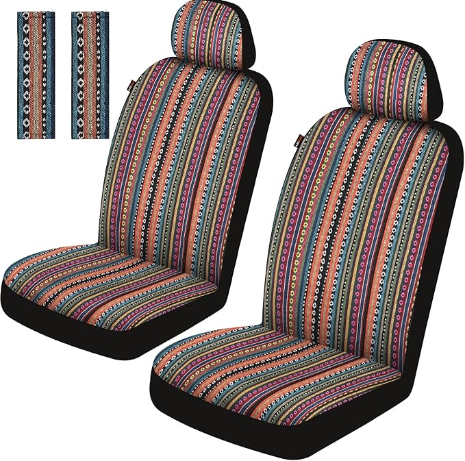 Baja Saddle Blanket Car Seat Covers Front Set, Washable Breathable Striped Woven Cloth Seat Covers for Cars, SUV, Truck, Airb
