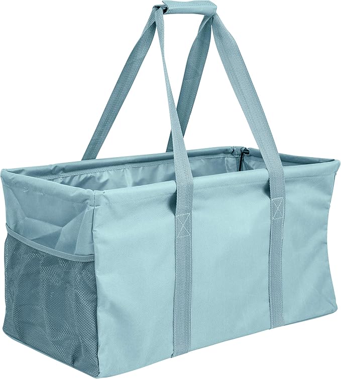Extra Large Utility Tote Bag - Oversized Collapsible Reusable Wire Frame Rectangular Canvas Basket With Two Exterior Pockets For Beach, Pool, Laundry, Car Trunk, Storage - Light Blue