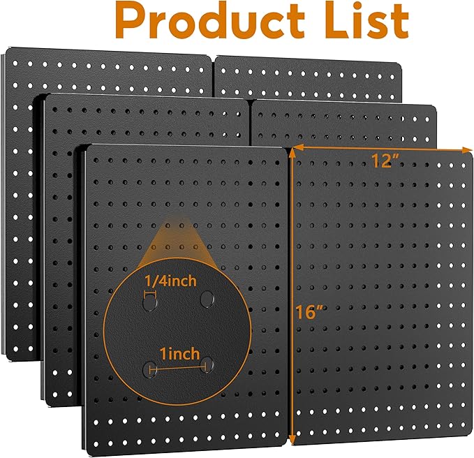 Peg Board, Heavy Duty Metal Pegboard, 6 Pack Black Peg Board Panels, 60lbs Load Capacity Each, Pegboard Wall Organizer for Ga