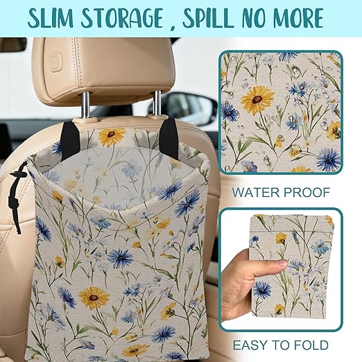 Car Garbage Bag Abstract Blue and Yellow Flowers Hanging Canvas Car Trash Bag Drawstring Car Back Seat Organizer for Car Back Front Seat Console with Adjustable Buckle