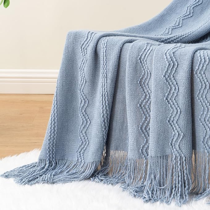 BATTILO HOME Bluish Grey Throw Blanket for Couch, Soft Knit Throws with Tassels for Home Decor, Blue Blankets and Throws for 