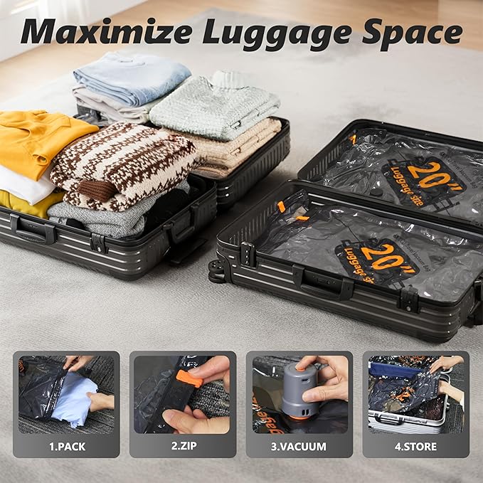 Travel Vacuum Bags with Cordless Electric Pump, 24 Combo Compression Packing Cubes for Clothing Clothes, Luggage Suitcase Org
