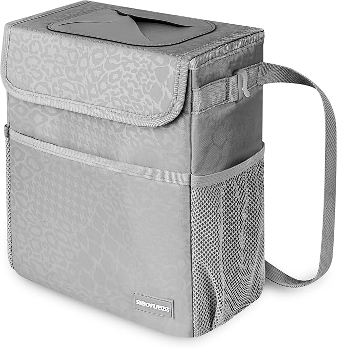 Car Trash Can Cute - Car Accessory for Garbage and Storage, Adjustable and Collapsible Car Garbage Can, Waterproof and 100% Leak-Proof Car Trash Bin with Lid, 2 Gallons (Leopard-Print Gray)