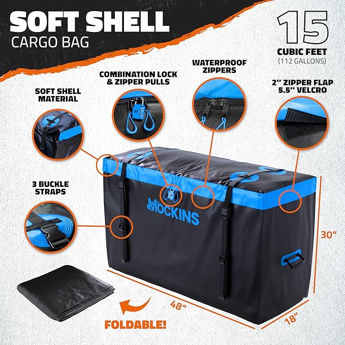 Mockins 2-in-1 Trailer Hitch Cargo Carrier Bench 48"x18"x6" w/ 15 CuFt Waterproof Truck Bed Storage Bag | 500 Lb Capacity Folding Cargo Hitch Carrier Tailgate Seat Bundle w/Stabilizer, Straps, & Lock
