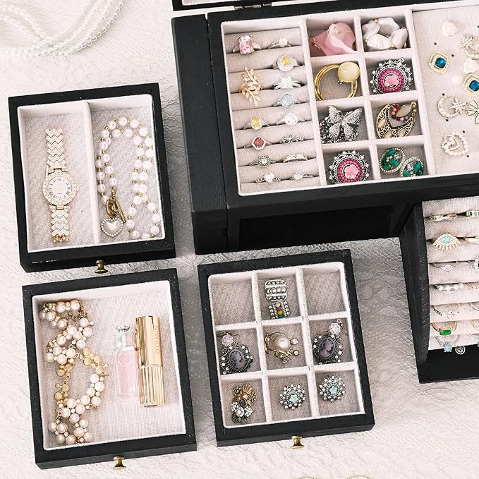Poyilooo Jewelry Box Organizer, Solid Wood Jewelry Boxes for Women, Double Layer Jewelry Organizer Box Display Earring Neckla