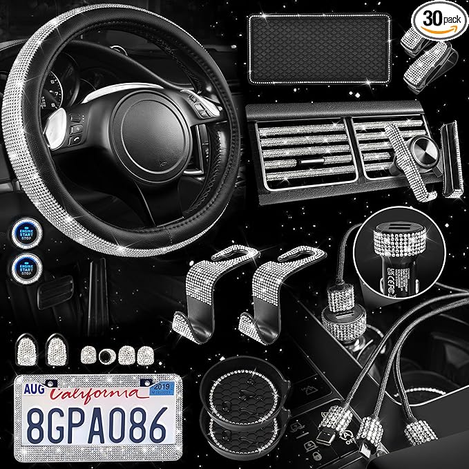 CAR PASS 30 PCS Bling Diamond Car Accessories Set for Women, Bling Steering Wheel Covers 15 Inch, Shining Rhinestone License Plate Frame, Sparkly Phone Holder, Cute Interior Set Decorations, Silver